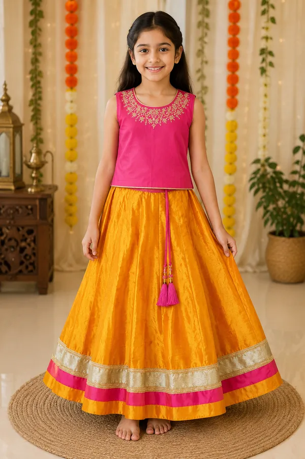 Mustard_Yellow_&_Rani_Pink_Silk_Blend_Pattu_Pavadai_Set_for_Girls_–_Festive_Traditional_Wear_(Clearance_Sale)