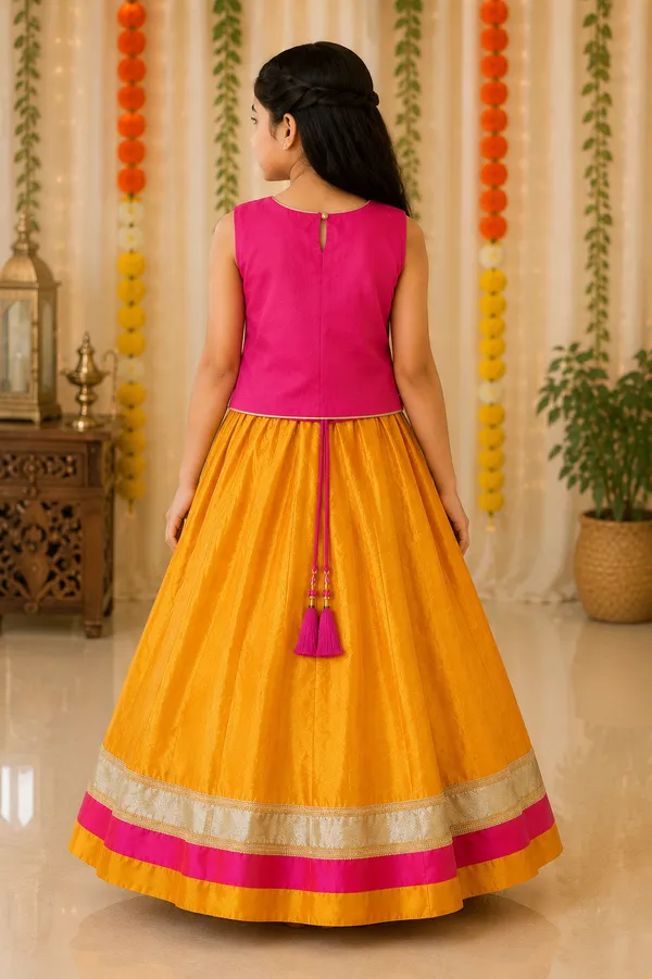 Mustard_Yellow_&_Rani_Pink_Silk_Blend_Pattu_Pavadai_Set_for_Girls_–_Festive_Traditional_Wear_(Clearance_Sale)