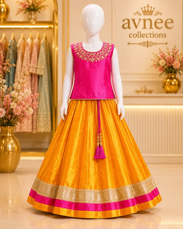 Mustard_Yellow_&_Rani_Pink_Silk_Blend_Pattu_Pavadai_Set_for_Girls_–_Festive_Traditional_Wear_(Clearance_Sale)