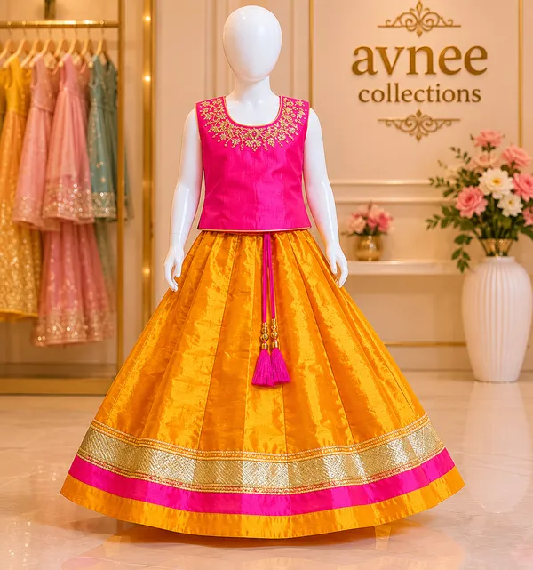 Mustard_Yellow_&_Rani_Pink_Silk_Blend_Pattu_Pavadai_Set_for_Girls_–_Festive_Traditional_Wear_(Clearance_Sale)