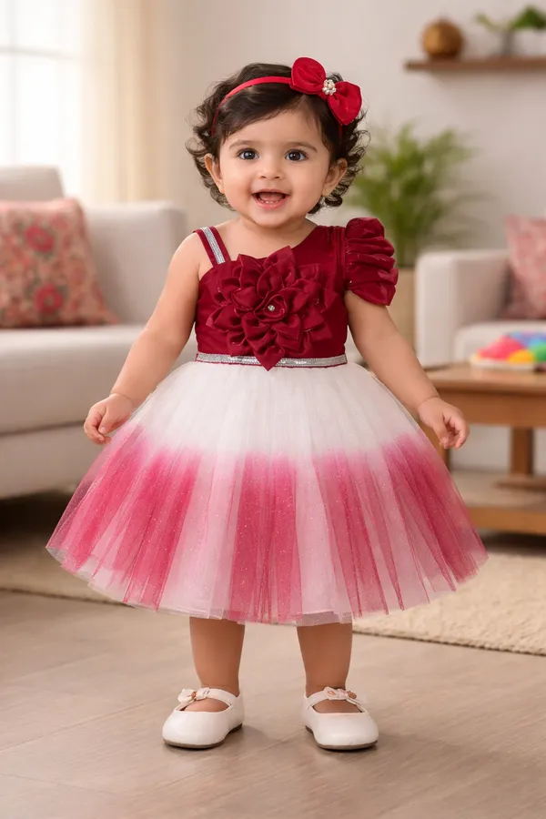 Girls_Party_Wear_Dress_-_Maroon_And_Pink_Tutu_Dress_With_Floral_Detailing