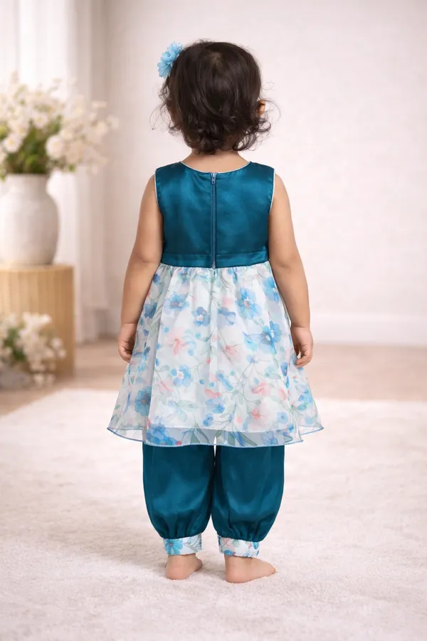 Girls_Teal_Blue_Floral_Printed_Ethnic_Dress_With_Matching_Pants_Set