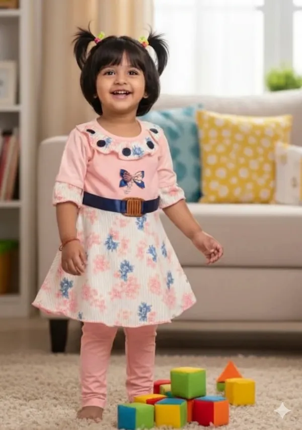 Girls_Pink_Floral_Dress_With_Leggings_Set_-_Butterfly_Detail