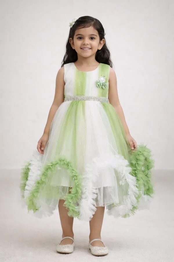 Green_And_White_Ruffled_Hem_Party_Dress_For_Girls