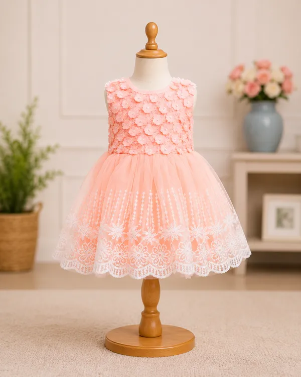 Peach_Floral_Applique_Party_Wear_Dress_with_Lace_Hem