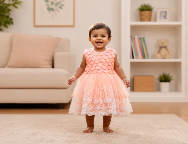 Peach_Floral_Applique_Party_Wear_Dress_with_Lace_Hem