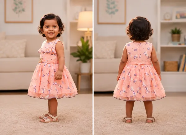 Peach_Floral_Printed_Party_Wear_Frock_with_Belt