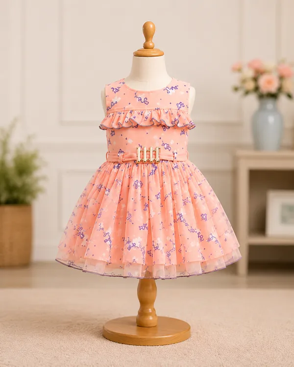 Peach_Floral_Printed_Party_Wear_Frock_with_Belt