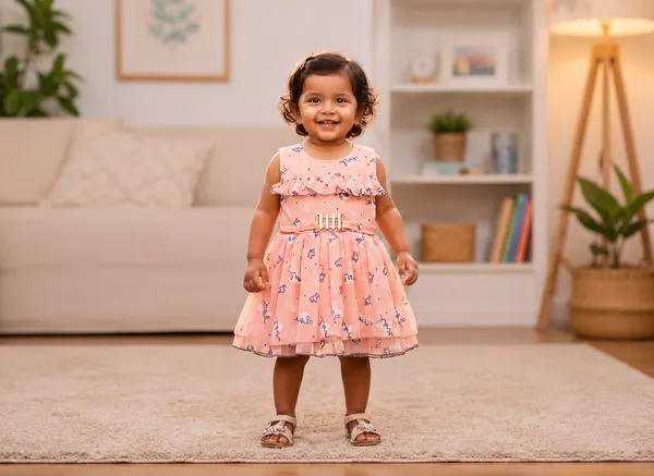Peach_Floral_Printed_Party_Wear_Frock_with_Belt