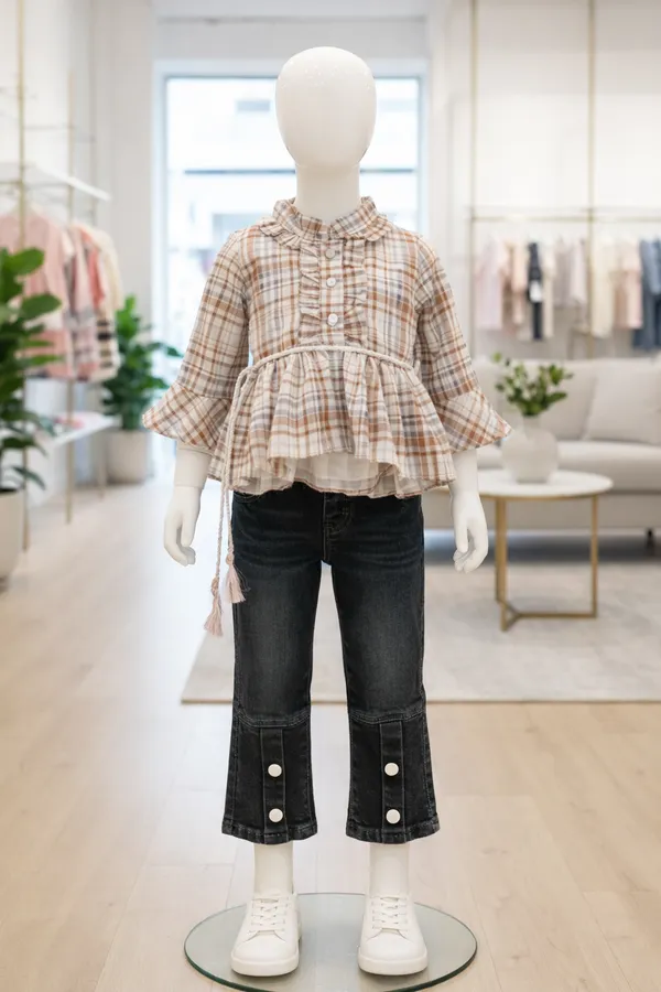 Girls_Checked_Peplum_Top_With_Black_And_Brown_Denim_Jeans_Set