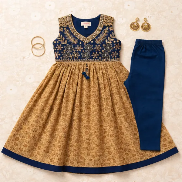 Girls_Blue_And_Gold_Ethnic_Anarkali_Dress_With_Churidar