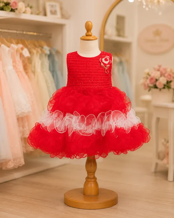 Red_Layered_Ruffle_Party_Wear_Frock_with_Floral_Brooch
