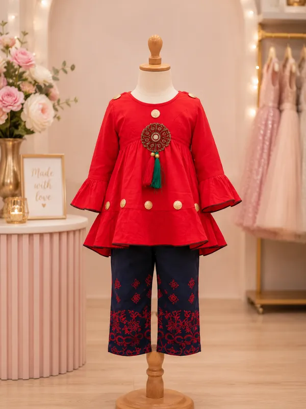 Red_Peplum_Kurti_&_Navy_Embroidered_Palazzo_Set_for_Girls