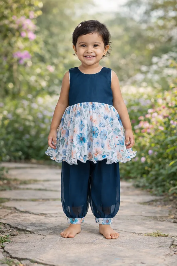 Girls_Blue_Floral_Ethnic_Dress_With_Pants_Set