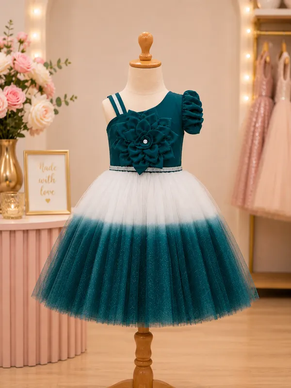 Teal_Ombre_Floral_Party_Wear_Frock_for_Girls_|_Elegant_One_Shoulder_Princess_Dress
