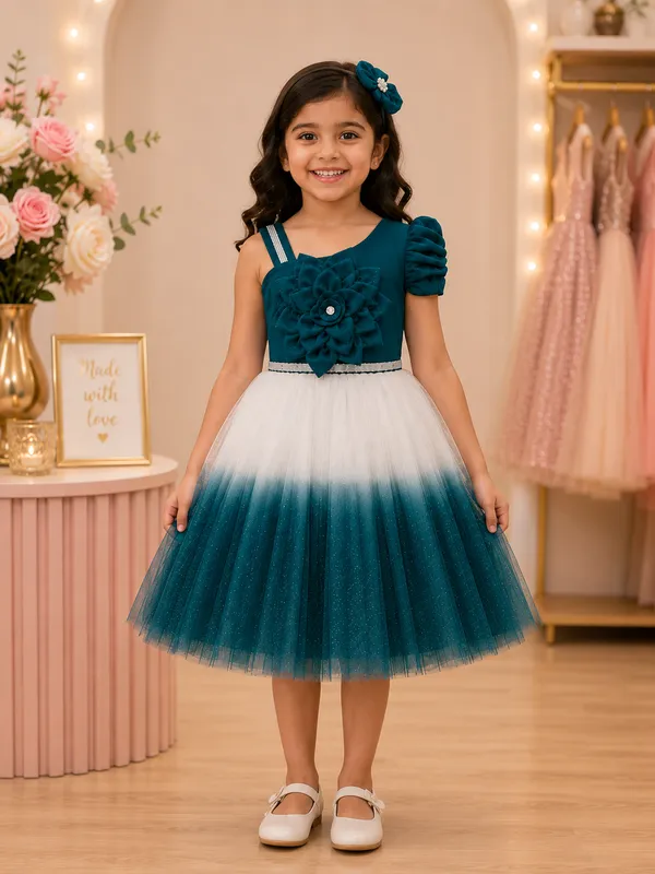 Teal_Ombre_Floral_Party_Wear_Frock_for_Girls_|_Elegant_One_Shoulder_Princess_Dress