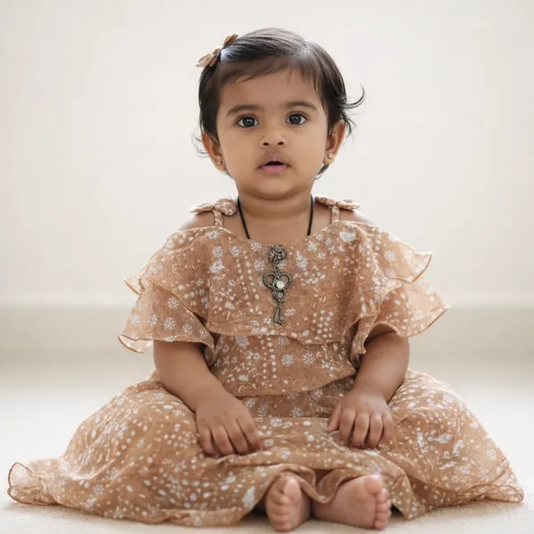 Girls_Peach_Floral_Shimmer_Dress_With_Ruffled_Sleeves