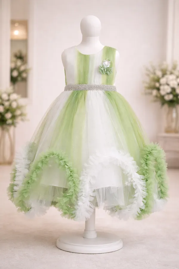 Green_And_White_Ruffled_Hem_Party_Dress_For_Girls