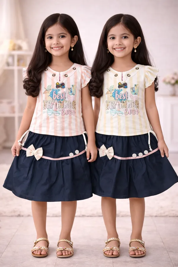 Girls_Pink_And_Navy_Blue_Striped_Top_With_Skirt_Dress_Set