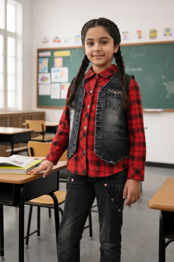 Girls_3-Piece_Denim_Vest_And_Red_Plaid_Shirt_Set_With_Black_Jeans_(Clearance_Sale)