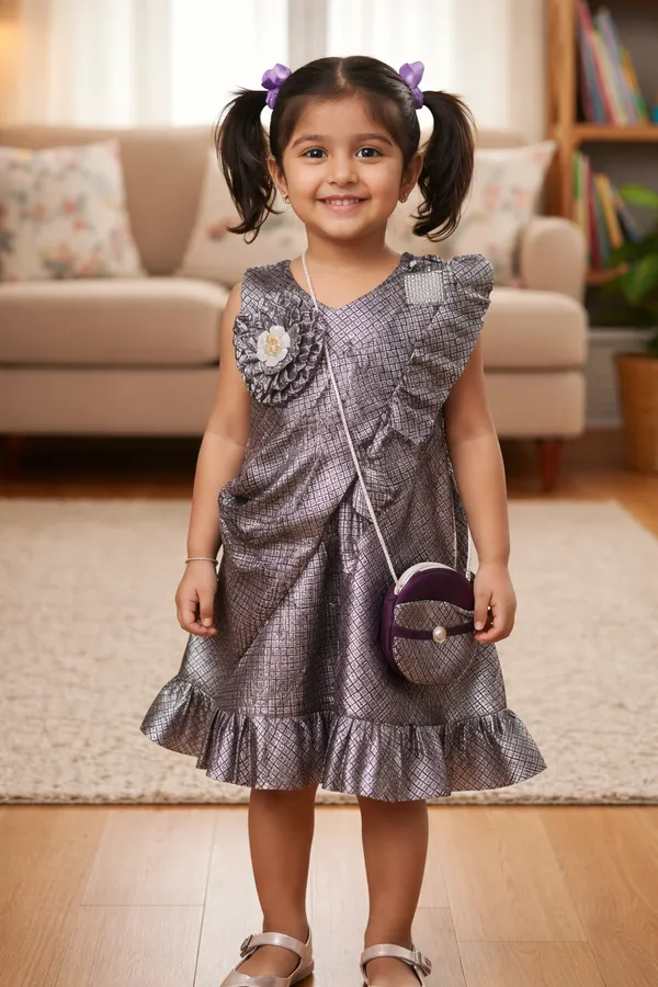 Girls_Grey_&_Maroon_Metallic_Party_Dress_With_Floral_Detail_And_Matching_Purse