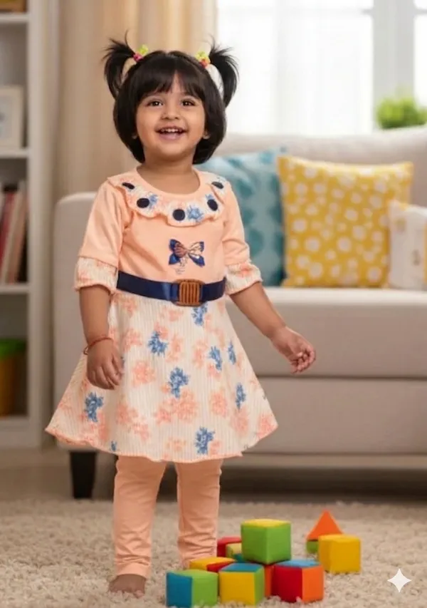 Peach_Floral_Print_Dress_With_Belt_For_Girls