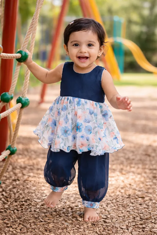 Girls_Blue_Floral_Ethnic_Dress_With_Pants_Set