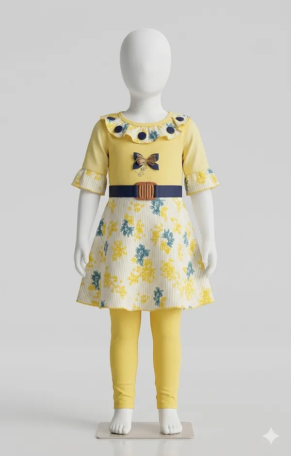 Yellow_Floral_Dress_With_Belt_For_Girls