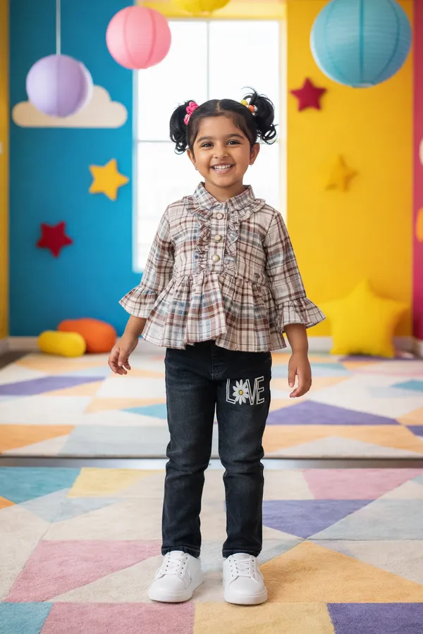 Girls_Checked_Peplum_Top_With_Black_And_Brown_Denim_Jeans_Set