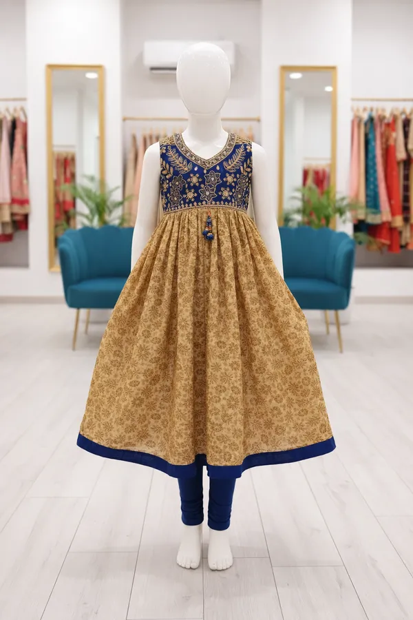 Girls_Blue_And_Gold_Ethnic_Anarkali_Dress_With_Churidar
