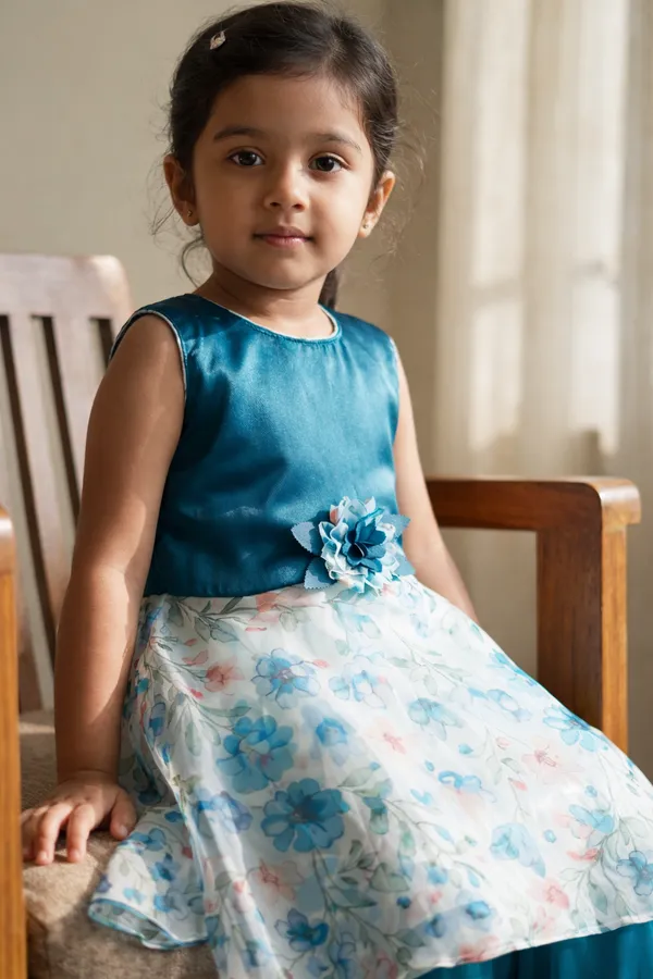 Girls_Teal_Blue_Floral_Printed_Ethnic_Dress_With_Matching_Pants_Set