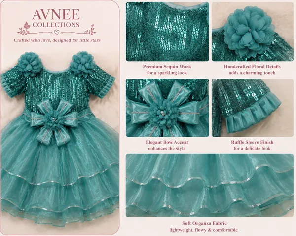 Teal_Sequin_Floral_Bow_Layered_Party_Wear_Dress