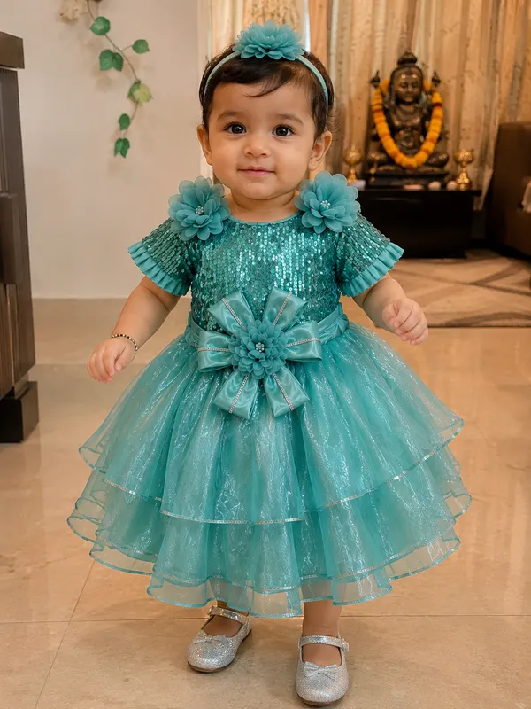 Teal_Sequin_Floral_Bow_Layered_Party_Wear_Dress
