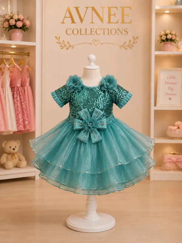 Teal_Sequin_Floral_Bow_Layered_Party_Wear_Dress