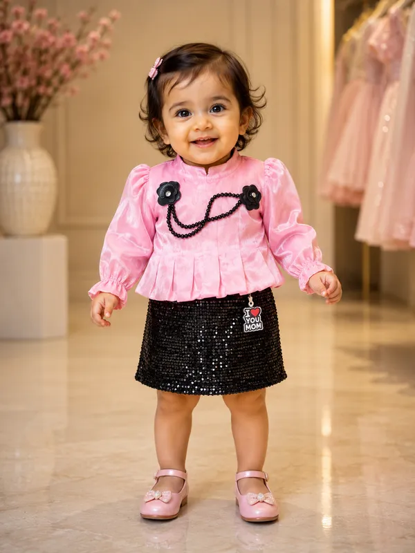 Girls_Pink_And_Black_Sequin_Dress_With_Puff_Sleeves