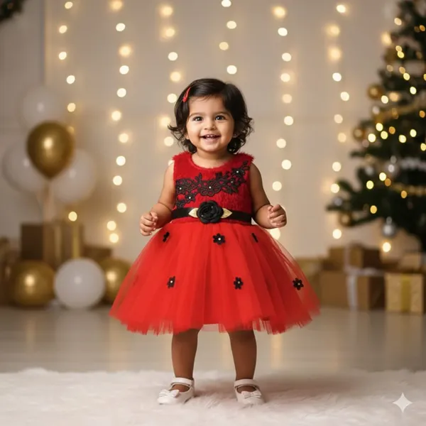399/-_Sale_:_Girls_Red_&_Black_Floral_Party_Wear_Frock_(NR)