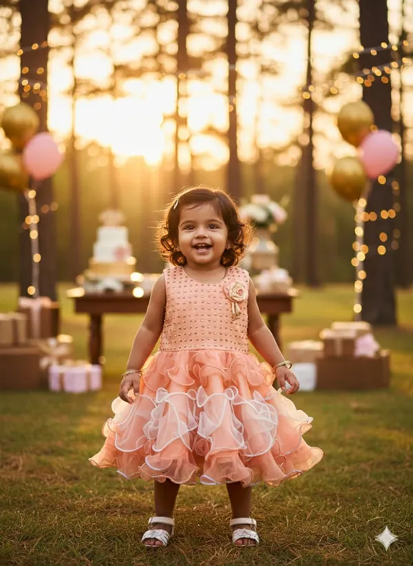 399/-_Sale_:_Peach_Pearl_Embellished_Princess_Party_Wear_Frock_-_NR