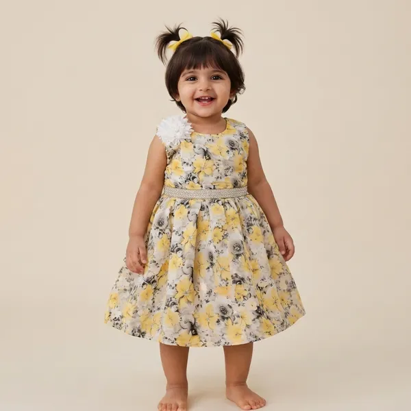 Yellow_Floral_Print_Sleeveless_Dress_For_Girls