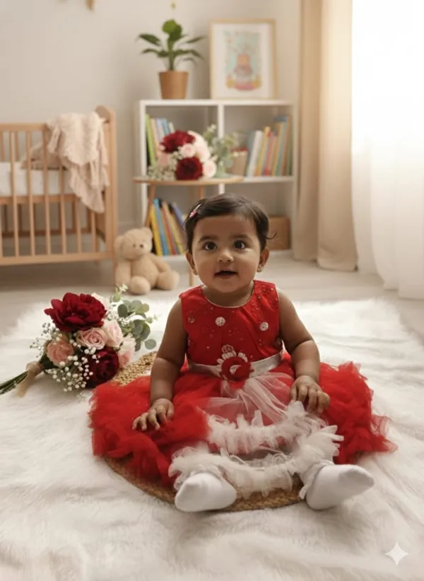 399/-_Sale_:_Cherry_Red_Princess_Party_Wear_Frock_-_NR