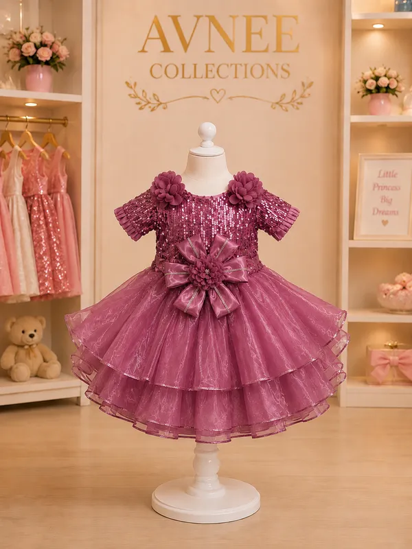 Mauve_Sequin_Floral_Bow_Layered_Party_Wear_Dress