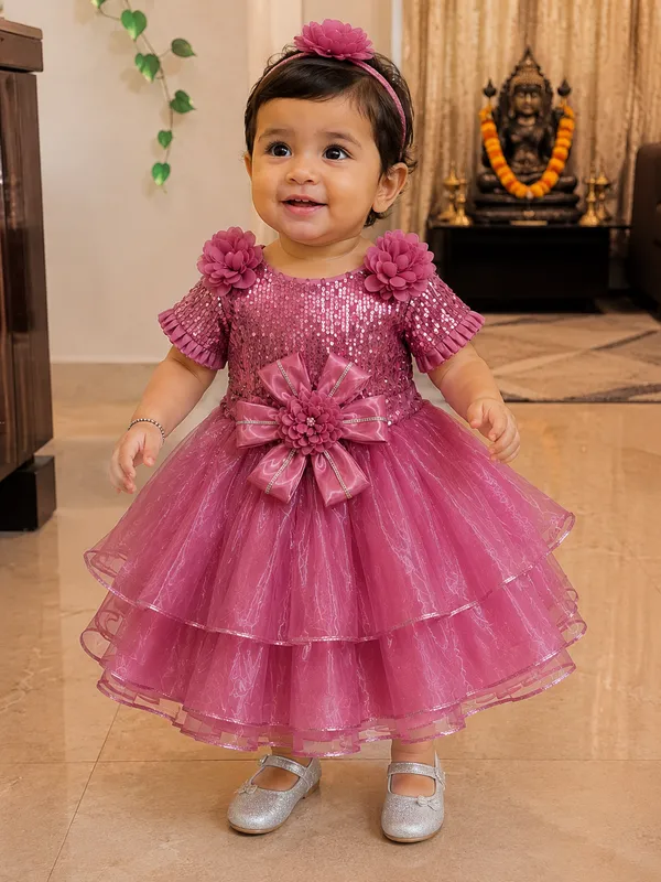 Mauve_Sequin_Floral_Bow_Layered_Party_Wear_Dress