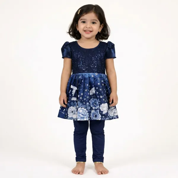 Girls_Navy_Blue_Sequin_Floral_Dress_With_Leggings