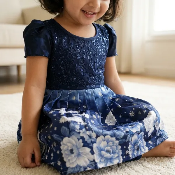 Girls_Navy_Blue_Sequin_Floral_Dress_With_Leggings