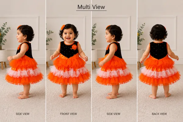 399/-_Sale_:_Girls_Orange_&_Black_Layered_Party_Wear_Frock_-_NR