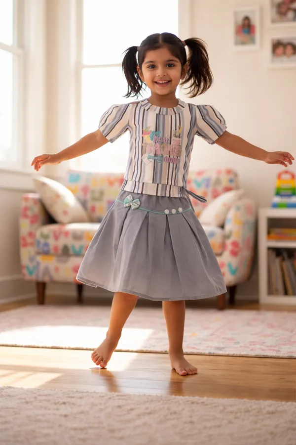 Girls_Striped_Dress_With_Dungaree_Set_-_Enjoy_Print_T-Shirt_&_Suspender_Skirt_Combo
