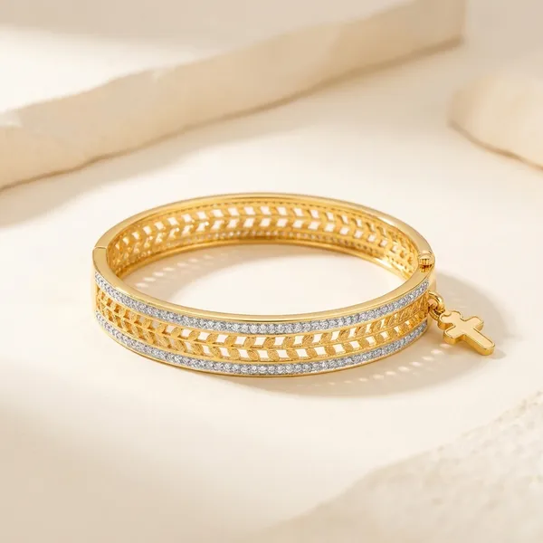 Elegant_Gold-_White_Tone_Bangle_With_Cross_Charm