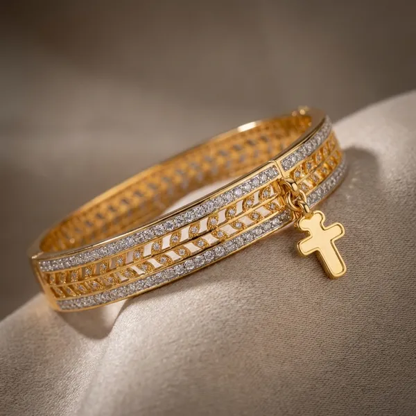 Elegant_Gold-_White_Tone_Bangle_With_Cross_Charm