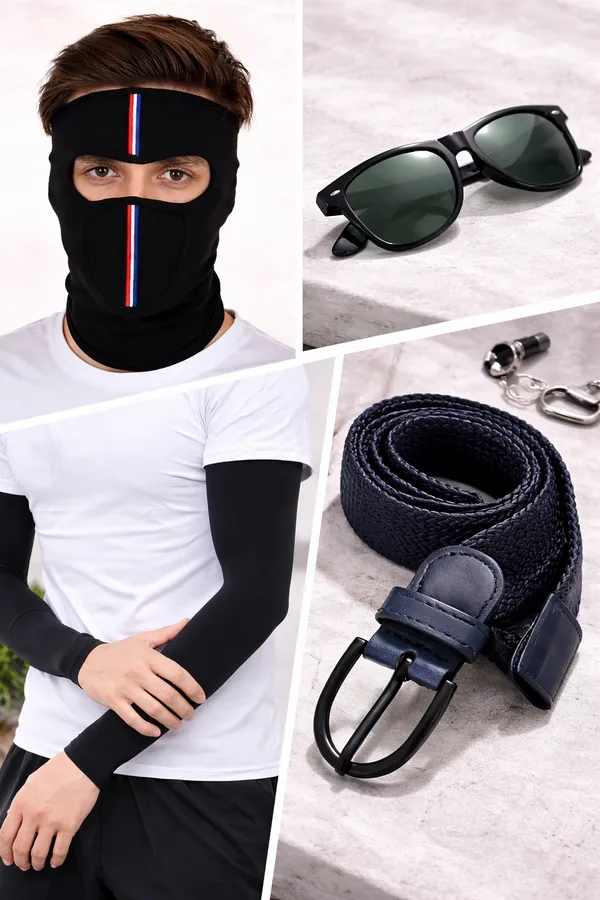 3_Classic_Black_Wayfarer_Sunglasses,_Braided_Belt_&_Uv_Protection_Arm_Sleeves