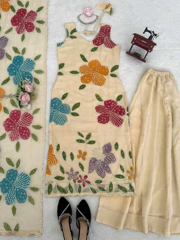 Multicolor_Organza_Silk_Flower_Designed_Dress_For_Women