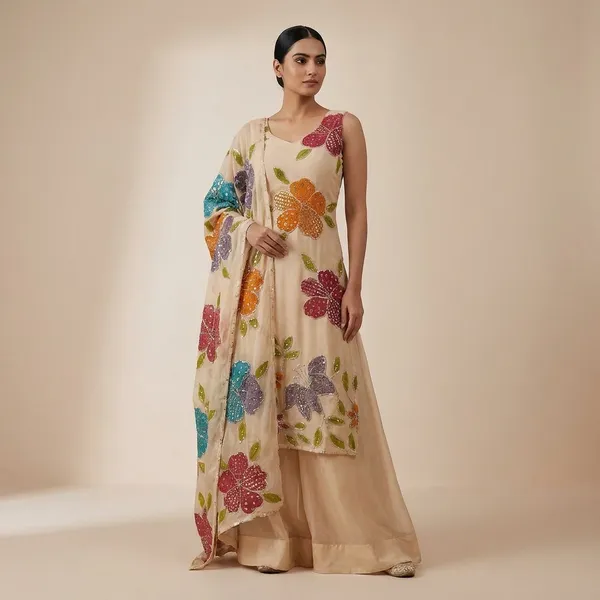 Multicolor_Organza_Silk_Flower_Designed_Dress_For_Women
